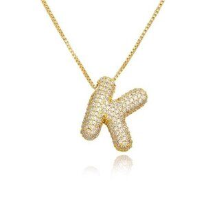 18K Bubble Letter K Necklace Gold for Women, Chunky Gold Necklace Rhinestone